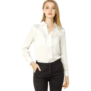 Allegra K White Satin Blouse Elegant V Neck Long Sleeve Silky Dressy Shirt Small - Picture 1 of 9