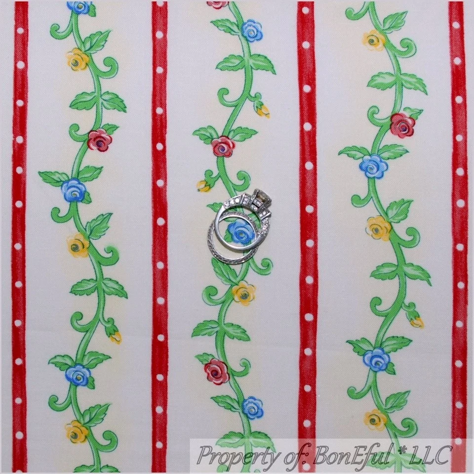 BonEful Fabric FQ Cotton Quilt Red Rose Sm Flower Dot Swirl Leaf Stripe - Image 1 of 4