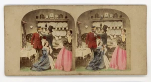 Stereoview Stereoskop Karte getönte Liebe unter Treppe Dienstmädchen in Schwierigkeiten - Bild 1 von 2