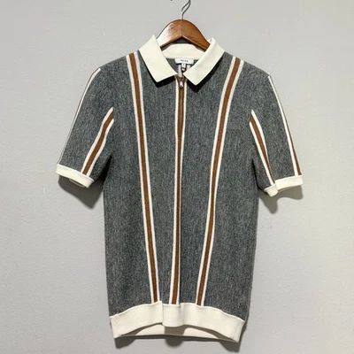 Camisa Polo Reiss Para Hombre Pequeña Gris Marrón Blanco Rayas Cuarto Cremallera Lujo Preppy Foto 1 de 4