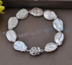 Huge Natural 18-20mm South Sea Coin Baroque White Pearl Beads Bracelet 8 inches - Picture 1 of 6