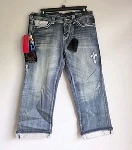 Cowgirl Tuff Crosses Silver Sequin Cropped Denim Jeans Cuffed Size 30 Western - Picture 1 of 24