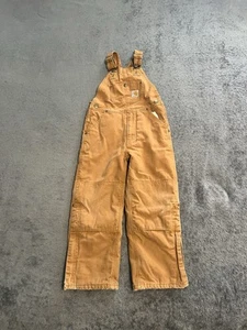 Carhartt Dungarees Boys Size 7 Tan Overalls Bib Double Knee Insulated Duck Youth - Picture 1 of 8