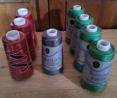 Lot 8 Serger Overlock 3000yds. Sewing Thread Spool NEW Red, Green, Gray - Image 1 of 3