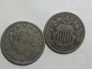 1867 Shield Nickel Type 2 No Rays Good 1890 Liberty Nickel Very Good!! - Picture 1 of 6