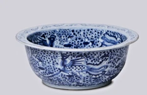 Chinese Porcelain Blue & White Phoenix Decorative Basin/Bowl GRANNY CHIC COASTAL - Picture 1 of 5