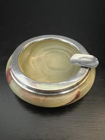 Alabaster ashtray 800 sterling silver rim hand carved Cover