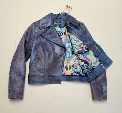 $1498 New ROBERT GRAHAM Peyton Leather Biker Jacket Women's XS Blue Palm Trees - Image 1 of 4