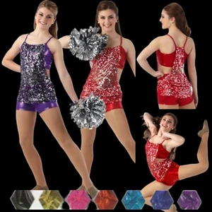 Hot Stuff BLACK Child Medium Dance Team Costume Foil & Sequin Top & Shorts New - Foto 1 di 5