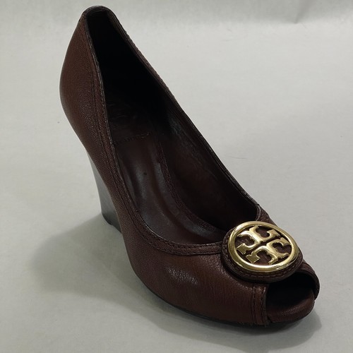 Tory Burch scarpe donna decolte zeppa taglia 6 1 2M 12 M pelle marrone logo tacco alto