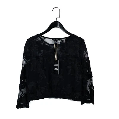New Look Black Floral Embroidered Cropped Semi-Sheer Mesh Blouse - Size 10 NEW - Image 1 of 4