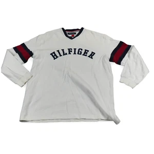 VTG Tommy Hilfiger Spell Out Sweatshirt Mens Large Off White Red Blue Stripes - Picture 1 of 11