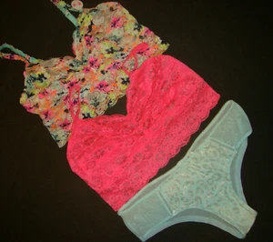 NWT Victoria's Secret PINK M BRA BRALETTE set panty BLUE hot pink yellow leopard - Picture 1 of 5