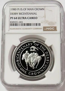 1980 PLATINUM ISLE OF MAN CROWN 500 MINTED 1.58oz DERBY BICENT NGC PROOF 64 UC - Picture 1 of 2