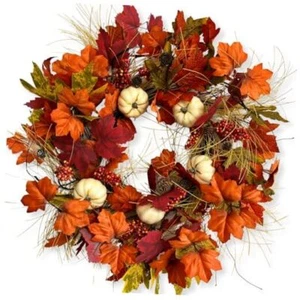Fall Wreaths for Front Door,24 Inch Autumn Large Pumbkin Wreath with Maple - Picture 1 of 7