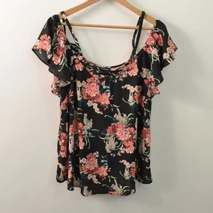 Torrid Top Womens 00 US Medium/Large Black Floral Lace Up Georgette - Picture 1 of 5