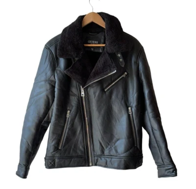 Guess Men's Size M Black Sherpa Lined Vegan Leather Moto Zip Bomber Jacket - New - Image 1 of 4