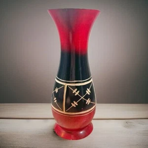 Handgeschnitzte Vintage Mangoholz Glas Knospen Vase MCM dreifarbig geätzte Initialen /C.R. - Bild 1 von 10