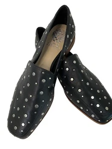 Womens Vince Camuto 8.5 Black Leather Studded Loafers Flats Shoes 7692 - Picture 1 of 10