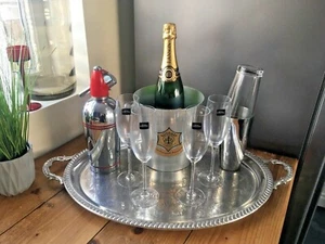 HUGE QUALITY SILVER PLATE CROSSED SWORDS CHAMPAGNE DRINKS SERVING TRAY ANTIQUE - Picture 1 of 11