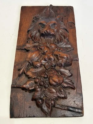 ANTQ SIGLO ? Panel de pared de salvamento arquitectónico de madera tallada cabeza de león fruta Foto 1 de 4