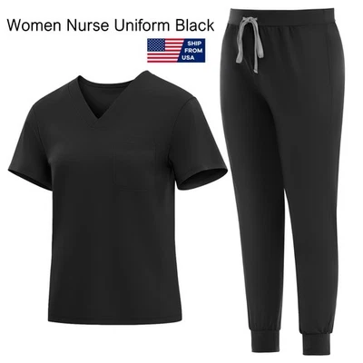 Traje de uniforme de enfermera con cuello en V para mujer Blusa Médica y Pantalones Negro Foto 1 de 4