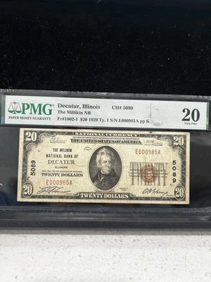SASA 1929 Decatur Illinois $20 Type1 Pmg Vf20 Pin Holes Serial Number 985 - Image 1 of 2