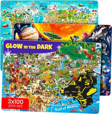 QUOKKA 100 rompecabezas para niños de 4 a 6 años - Brilla en la oscuridad Mapa de EE. UU. Mapa del mundo y así sucesivamente Foto 1 de 4