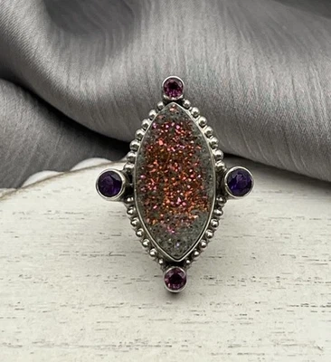Nicky Butler NB 925 bali style Drusy Druzy-Amethyst India Ring 7.84G / Sz 5 - Image 1 of 4