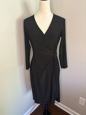 Anne Klein искусственного надежном черный платье эластичной LBD длинным рукавом размер маленький V шеи - Изображение 1 из 4