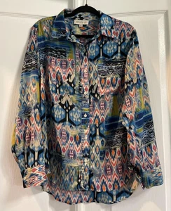 Jones New York Sport Shirt Womens 1X Multi Ikat Button Front Long Sleeve Blouse - Picture 1 of 16