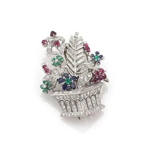 Estate 5.71ct Diamond & Gems Platinum Flower Basket Brooch Pin LIQUIDATION! - Picture 1 of 5
