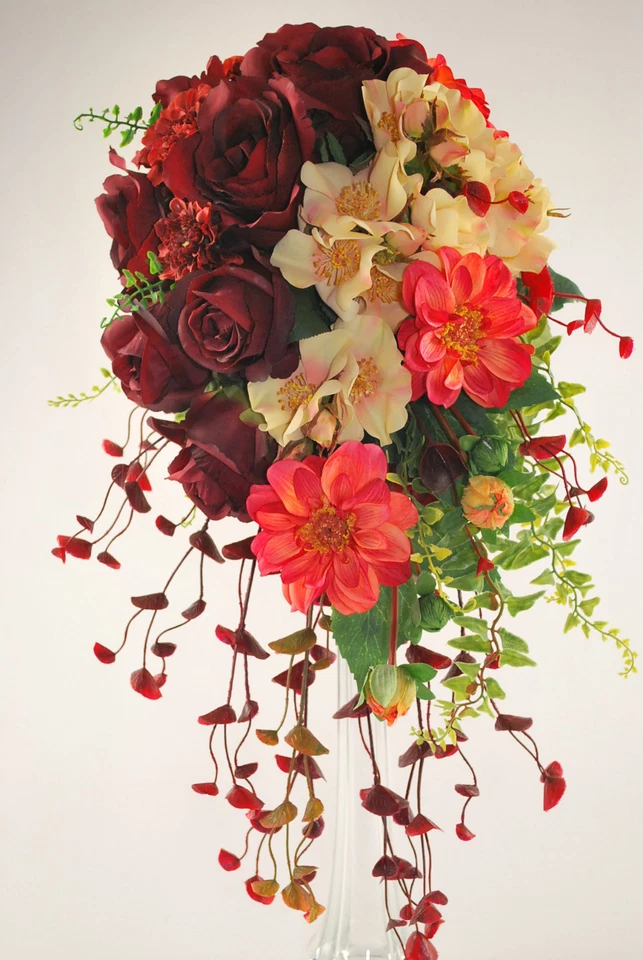 Unique Cascade Bridal Wedding Bouquet Artificial Silk Summer/Fall Garden Flowers - Image 1 of 4