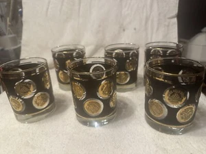 Set Of 6 Vintage Libby Mid Century Black & Gold Coin Tumblers - Picture 1 of 6