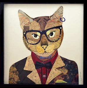 3D Collage Wandbild Katze Anzug Kunst Rahmen Art Brille Handmade Business Look - Bild 1 von 8