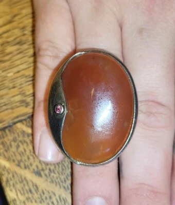 1960's Lg Oval Amber Carnelian Agate Sardonyx w/Pink Stone 925 sterling Silver. - Image 1 of 4