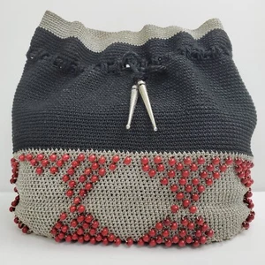 Vintage Beaded Woven Purse Hand Bag 1950s Silver, Black, & Red w/ Inner Shell - Picture 1 of 12