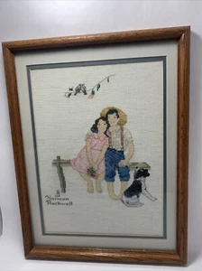 Norman Rockwell Punto de Cruz Enmarcado Niño Perro Niña En Banco 11.5x14.5 Acabado - Imagen 1 de 9