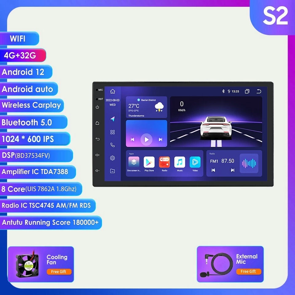 8-Kern DAB+ Android 12 Doppel Din Autoradio GPS Navi WiFi BT 5.0 CarPlay DSP SWC - Bild 1 von 4