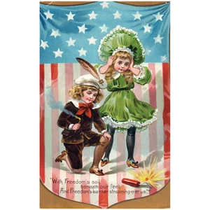 Little Girl & Boy Lighting Fireworks Vintage Patriotic Postcard - Picture 1 of 2
