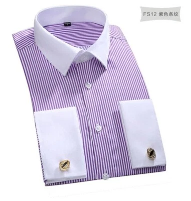 Camicie eleganti da uomo lusso a righe colletto bianco polsini francesi gemelli senza - Immagine 1 di 4