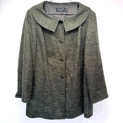 Signature by Larry Levine Army Green Tweed Swing Coat Retro Peter Pan Collar - Image 1 of 4