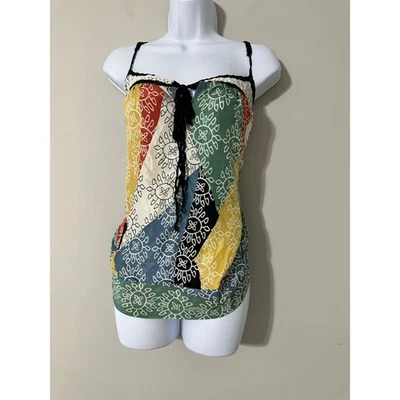 BCBGMAXAZRIA Silk Top L Colorful Patchwork Sunburst Crochet Trim Spaghetti Strap - Image 1 of 4