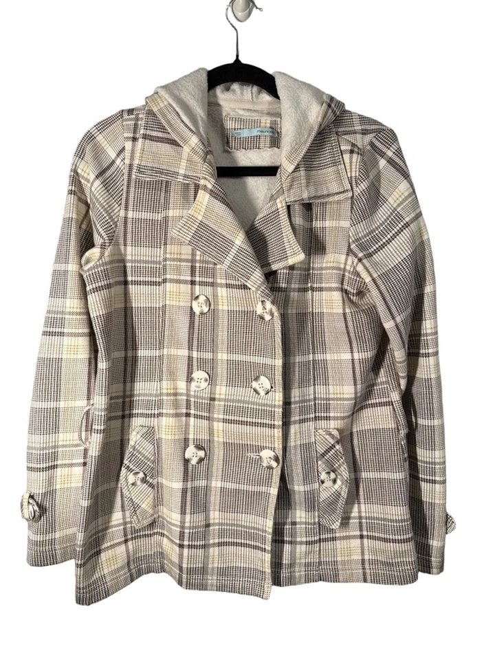 Maurices Beige Brown Plaid Hooded Pea Coat Fleece Lined Size L Pre-Owned - Image 1 of 4