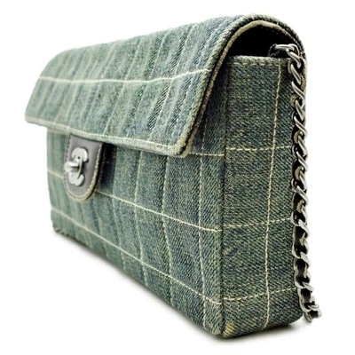 CHANEL Chocolate Bar Blue Denim Turnlock CC Logo  Chain Shoulder Bag Authentic - Image 1 of 4