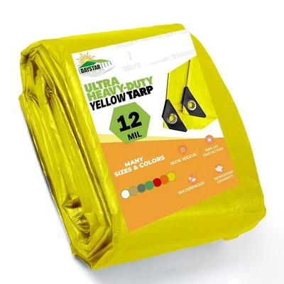 DAY STAR SHADES Extra Heavy Duty Yellow Tarp 12 Mil Thickness Poly 3 Ply 6oz Reinforced Canopy