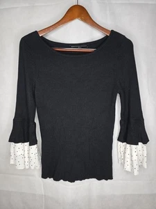 White House Black Market Pullover gerippt schwarz 3/4 gepunktet Glockenärmel M - Bild 1 von 19