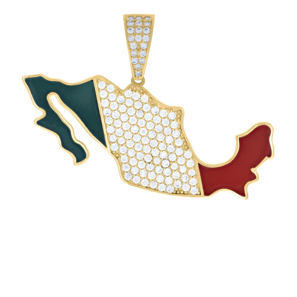 10K Yellow Gold Round CZ Men's 1.25" Enameled Mexican Charm Mexico Map Pendant - Image 1 of 1