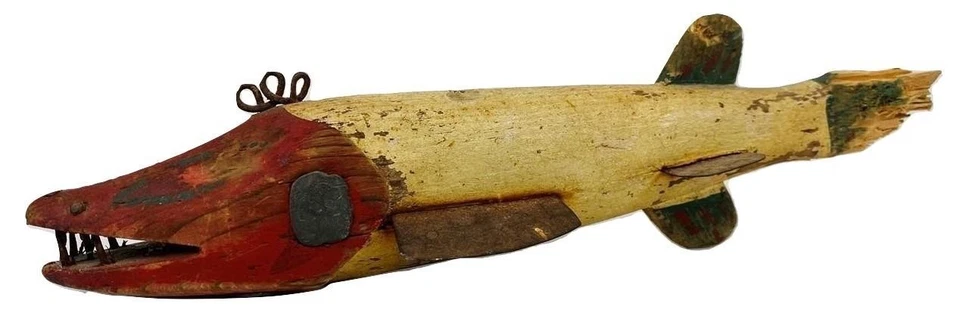 Antique Weighted Spear Ice Fishing Hand Painted Carved Wood Fish Lure Bait Decoy - Image 1 of 4