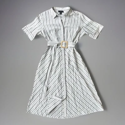 Tahari Striped Linen Blend Belted Midi Shirtdress Button Front L Quite Luxury - Image 1 of 4